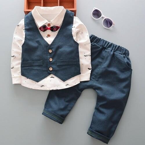Baby boy clothes gentleman suit cotton shirt dress three-piece wedding flower girl dress boy birthday party suit vest dress suit
