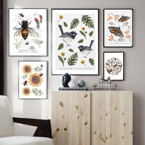 Sunflower Bees Prints Natural Poster Insects Vintage French Honey Bee Wall Art Canvas Painting Sepia Toned Bee Diagram Wall Deco