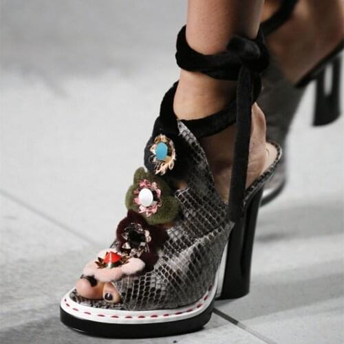 Sandals Women Summer Fashion Show Flower Hair Ball Strap Super High Heels Sandalias Pumps Fish Mouth Genuine Leather Shoes Woman