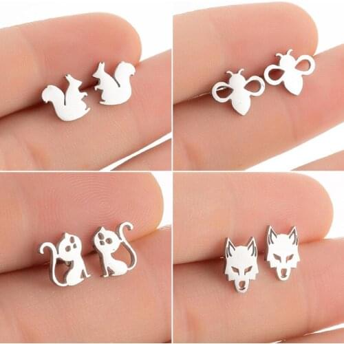 Lovely Stainless Steel Cat Earrings for Women Girls Fashion Jewelry Small Squirrel Wolf Bee Earings Piercing Animal Studs Brinco
