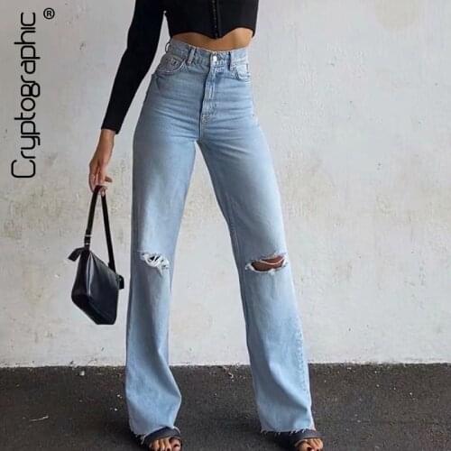 Cryptographic Fashion Denim Ripped Distressed Jeans Woman High Waist Flare Pants Bottom Streetwear Trousers Pants Jeans Ladies