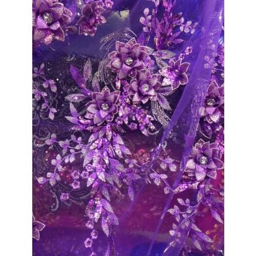 La Belleza 1 yard Purple sequins acrylic stones 3D handmade flowers on net wedding dress/evening/show/stage dress lace fabric