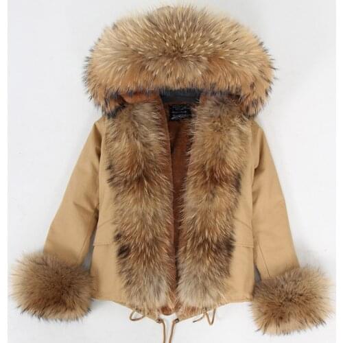 2018 khaki short color Parka Winter Jacket Women Parkas Real Fur Coat Natural Raccoon Fur Hood Artificial Fur Liner Luxury