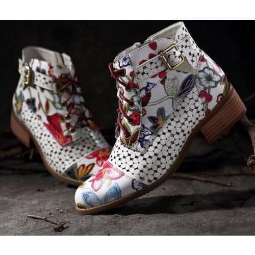 2022 Autumn Winter New Painting Flower Pattern Women Short Martin Boots Leather Splicing Lace-Up Stitching Female Ankle Boots