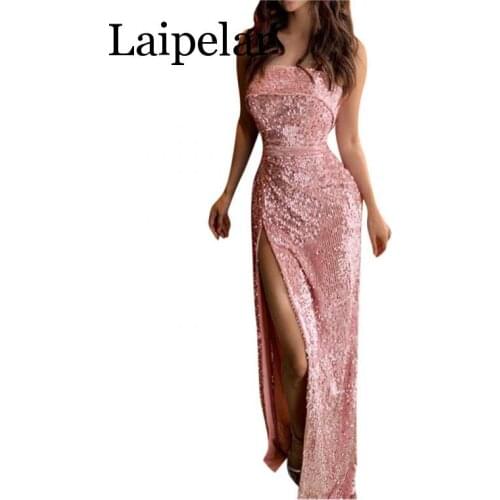 Ladies Sexy Elegant Sleeveless Strapless High Slit Sequins Shiny Party Floor-Length Sheath Dress