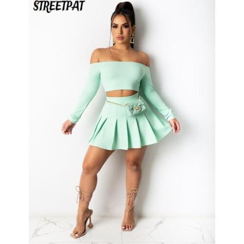 Off Shoulder Two Piece Set Women Crop Top Pleat Mini Skirt Vacation Outfits Summer Tenue Sexy Club Party Skirts Sets Femme
