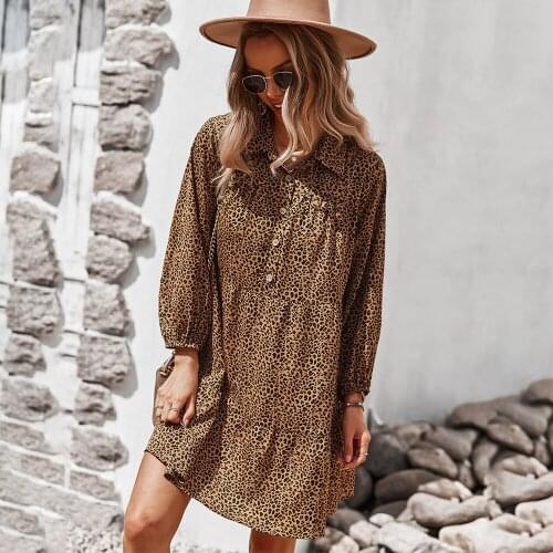 Women Summer Beach Chiffon Dress Casual Long Sleeve Leopard Dress Boho Mini Party Dress Elegant V Neck Sundress Vestidos 2021