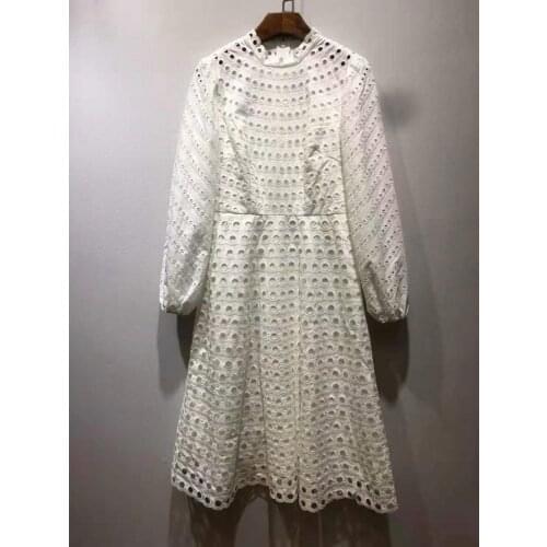 Top Quality Embroidery Dress 2021 Autumn Women Hollow Out Embroidery Long Sleeve A-Line Casual Party White Dress Vintage Party