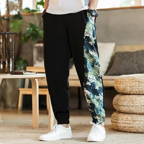 Chinese Style 2020 Man Cotton Linen Pants Mens Summer Style Print Patchwork Pants Male Casual Jogger Trousers