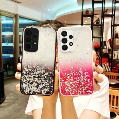 Glitter Stars Sequins Clear Frame Case For Samsung A52 A72 A32 A42 A51 A71 A21S A50 A70 S21 Ultra S20 FE Plus Bling Phone Cover