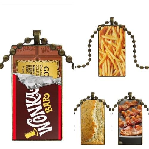 For Women Gift Jewelry With Bronze Plated Glass Cabochon Choker Long Pendant Rectangle Necklace Meat Food Biscuits Chocolates