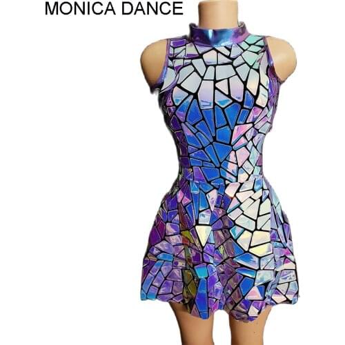 Women Sexy Stage Sparkly Blue Purple Reflective Sequin Short Dress Wedding Birthday Celebrate Nightclub Prom Dress