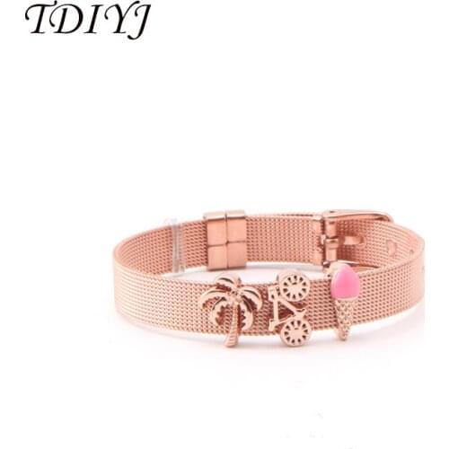 TDIYJ Summer Vacation Rose Gold Mesh Bracelet Set with Bike Ice Cream Coconut Tree Keeper Silde Charm Bracelet 1Set
