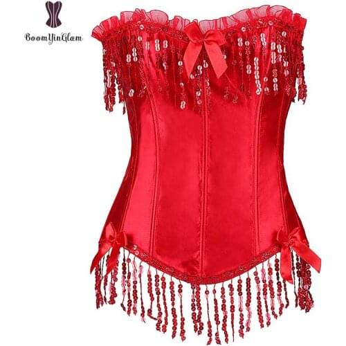 Tassel Red Corset Overbust Sexy Women Waist Slimming Satin Corsets Lace Up Sequin Decoration Free Shipping Promotional Corset