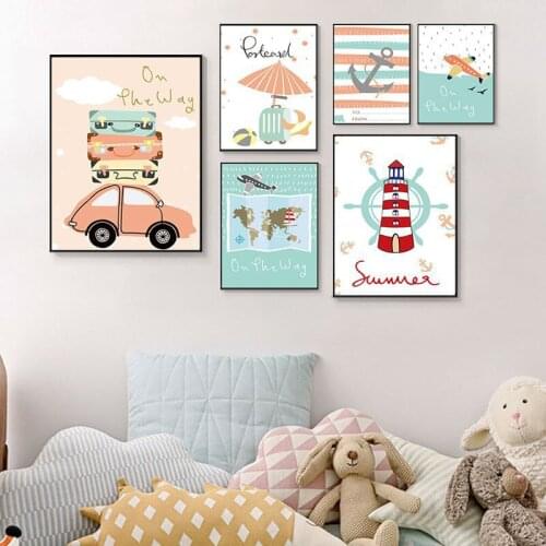 Colorful Summer Travel Cartoon Balloon Sandy Beach Hat Air Route Canvas Painting Sofa Wall Picture Poster Living Room Decoration