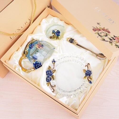 Creative Retro colorful glass cup rose enamel applique crystal cup tea Cup Wedding cup Wedding gift Family drinkware 1set