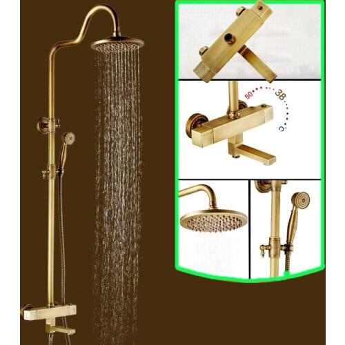 Brass Antique Two Handles 8" Rainfall Shower Head Rotate Tub Spout Shower Faucet Thermostatic Mixer Valve Wall Mounted