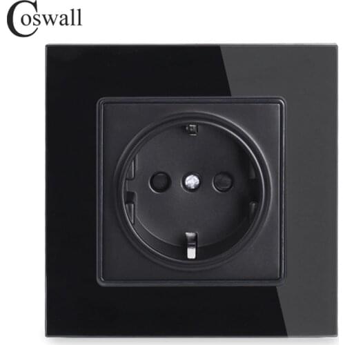 Coswall Wall Crystal Glass Panel Power Socket Plug Grounded, 16A Black EU Standard Electrical Outlet 86mm * 86mm