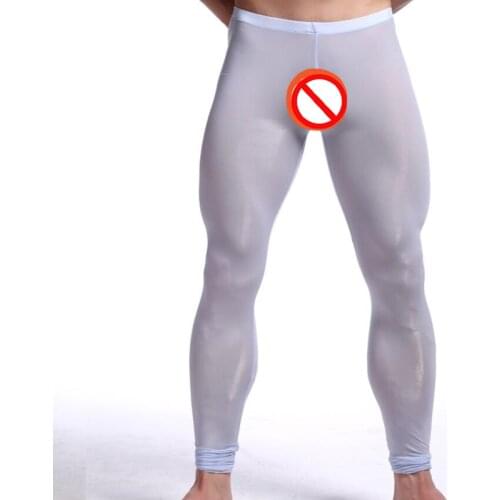 2020 New Man Sexy Nylon Transparent Long Johns/Lce Silk Pouch Sheer Leggings Bottoms/Gay Spandex Lounge Tights
