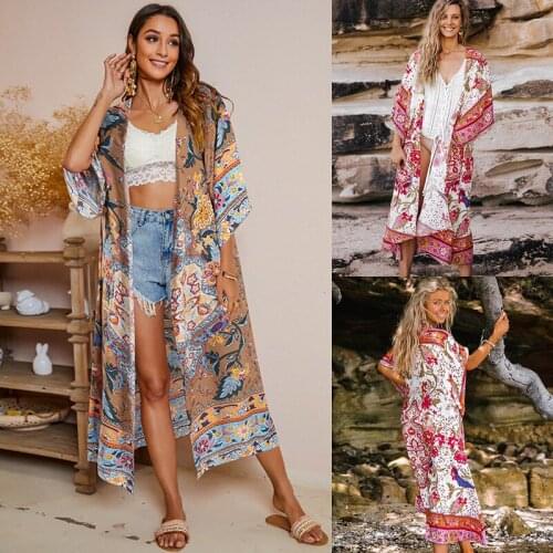 New Women Loose Cover-Ups Adults Flower Print Half Sleeve Open Front Sun-Protective Cardigan White Red Coffee Skin-Friendly