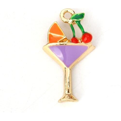 Charry Enamel Wine Glass Charms Zinc Based Alloy Gold Color Multicolor19mm x 11mm For DIY Jewelry Handmade Making, 2 PCs