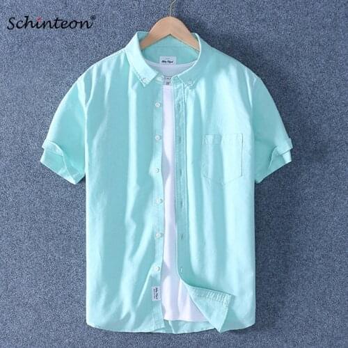 2020 Schinteon Men Summer 100% Cotton Shirt Oxford Short sleeved Smart Casual Slim Shirt Turn-down Collar Brand New Arrival