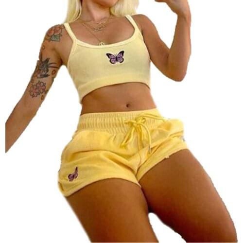 Sexy Womens Cropped Shirt High-Waist Shorts Lace-up Casual Run Elastic Sports Butterfly Inwrought Suit 2020