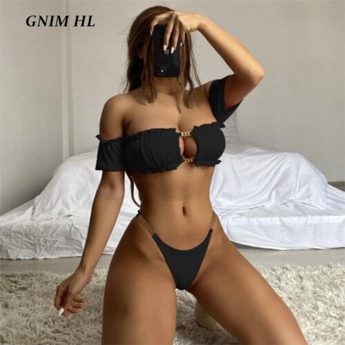 GNIM Sexy Hollow Out Solid Bikini Swimwear Women 2 Piece Set 2021 Summer Bandeau Short Sleeve Chain Swimsuit Female Bathing Suit