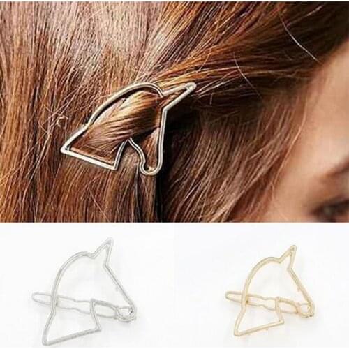 Shuangshuo Gold Women hair Accessories metal Jewelry Girl Charm Simple Hollow Unicorn Hairpin Side Hair Clip Headdress