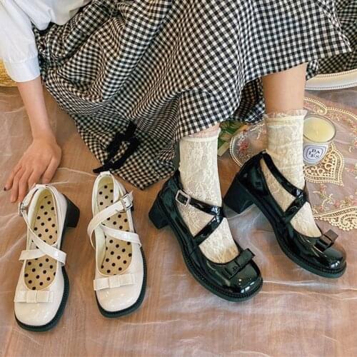 Women Buckle Strap Patent Leather Shoes High Heels Cross-tied Lolita Shoes Retro Pumps Girls Bowtie Mary Janes Shoe Autumn 9237L