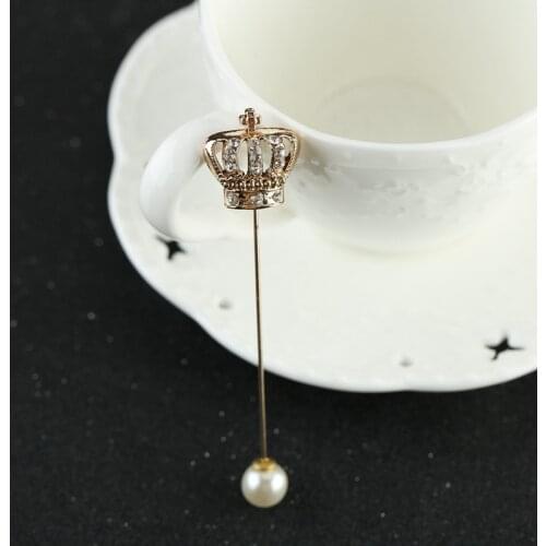 I-Remiel Korean Crystal Pearl Crown Long Needle Brooch Pin for Women and Men Sweater Corsage Ladies Suit Neckpin Shawl Buckle