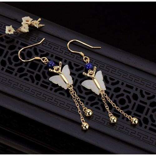 2019 Wedding Golden Color Earrings For Women Elegant Natural Jade Butterfly Inlay Lapis Real 925 Sterling Silver Drop Earrings
