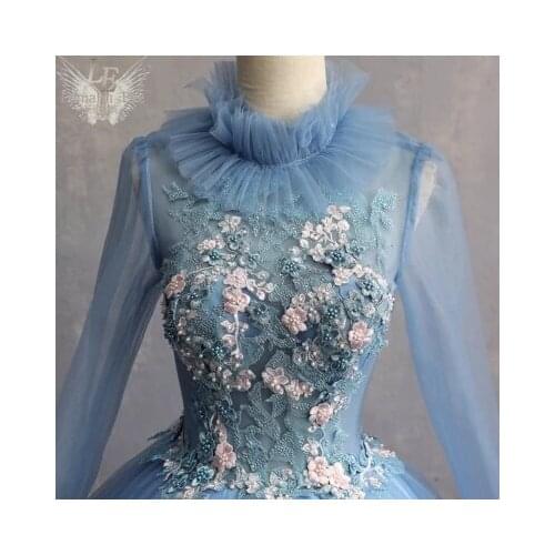 Blue stand collar long sleeve beading rococo Medieval Renaissance drama stage Gown Costume Victoria Marie Antoinette Belle opera