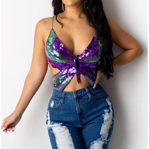 Women Sexy Sequin Butterfly Crop Top Summer Vintage Sleeveless Halter Lace Up Bandage Backless Tank Top Vest Club Wear