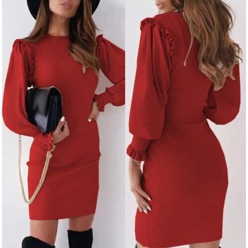 2021 New Temperament elegant Office Lady Dress Solid Color Ruffles Sleeve Autumn Winter Slim Round Neck Bodycon Dress Plus Size