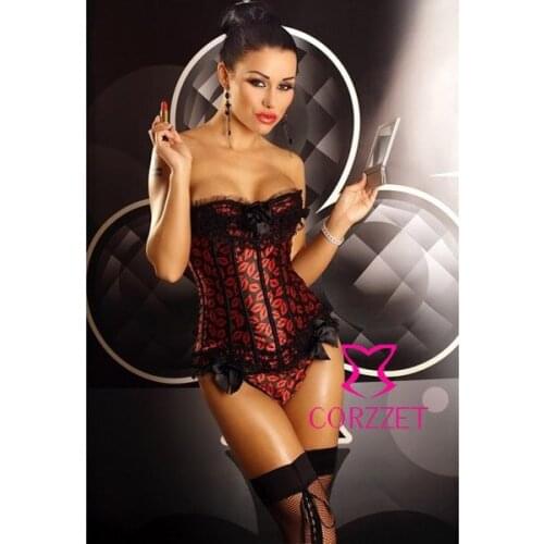 2014Gothic Goth Style Red Lip Pattern Satin Sexy Overbust Corpete Corselet Women Body Shapewear Corset Bustier Female Espartilho