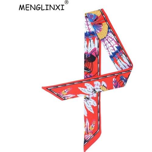 2021 Hot Sale Bag Scarf Feather Print Women Silk Scarf Luxury Brand Bag Ribbons Fashion Head Scarf Tie Small Long Scarves C07