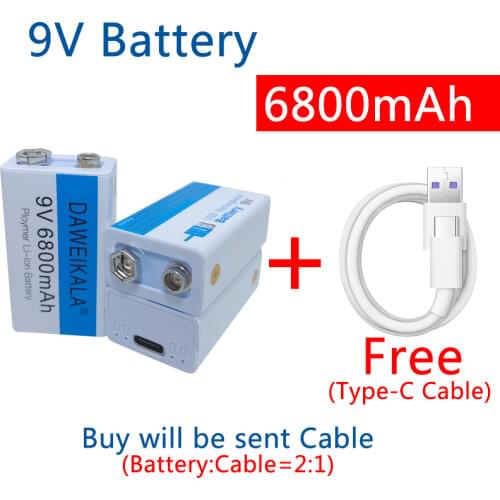 9V Battery 6800mAh li-ion Rechargeable battery Micro USB Battery 9v lithium for Multimeter Microphone Toy USB charging cable