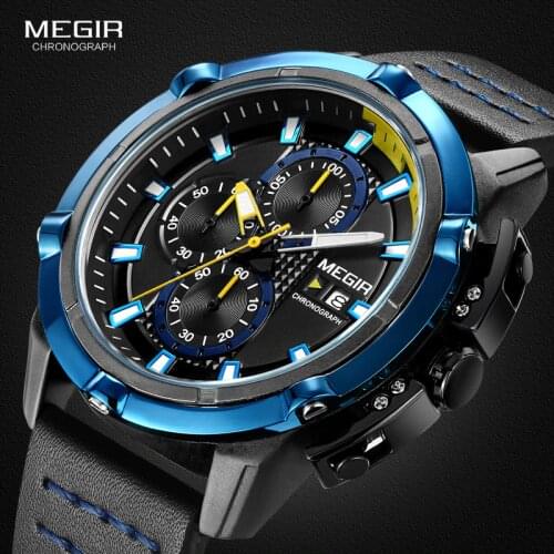 Megir Mens Chronograph Analog Quartz Watches Luminous Hands 3 ATM Waterproof Wristwatch for Man Sport Watch for Boys 2062G