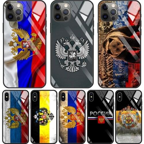 Phone Case For iphone 12 11 pro max 12 mini xs xR X 8 7 6 6S Plus SE Tempered Glass Caso Smartphone Flag Russian bear eagle