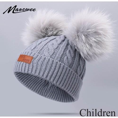 Baby Winter Double Pompon Beanie Hat For Children Knitted Warm Outdoor Thick Skullies Beanies With Real Natural Colored Fur Poms