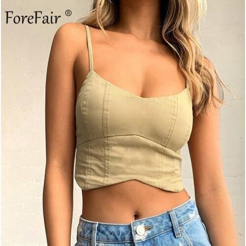 Forefair Off Shoulder Sexy Bustier Crop Tops Khaki V Neck Skinny Backless 2021 Summer Women Streetwear Outfit Tank Tops
