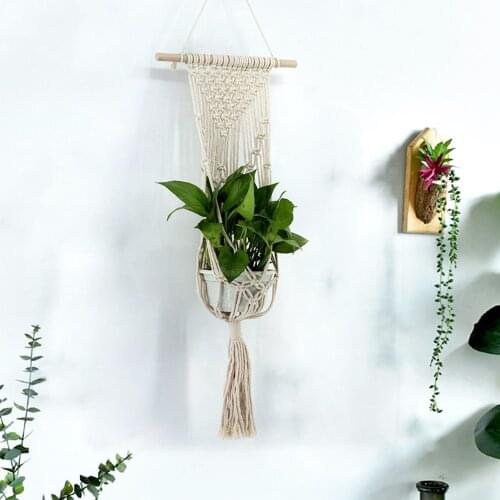 Tapestry Flower Pot Cotton Rope Tassel Hand-Woven Wall Hanging Net Bag Basket Bohemian Tapestry Geometric Art Home Decor