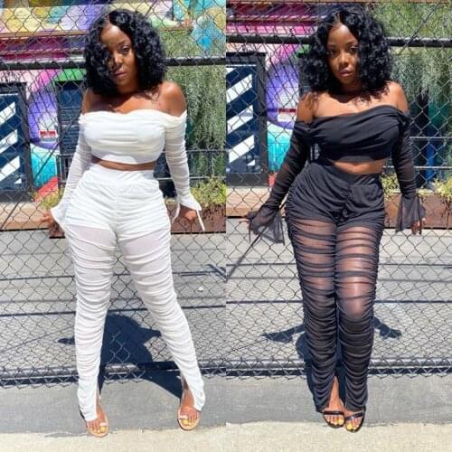 Echoine Summer Sheer Mesh Patchwork Sexy Flare Sleeve Off Shoulder Crop Top and Legging Two Piece Set Club Outfits Streetwear