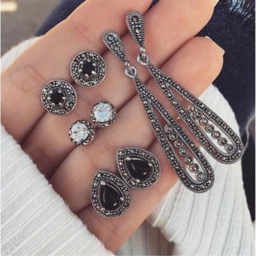 2021New Bohemian Earrings Set Vintage Black Diamond Long for Women Water Drop Geometric Pendant Earring Girls Gift Jewelry