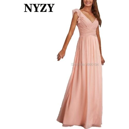 NYZY M302 Elegant V Neck Pearl Pink Pleats Chiffon Mother of the Bride Dresses Wedding Party Dress Long Formal Evening Gown