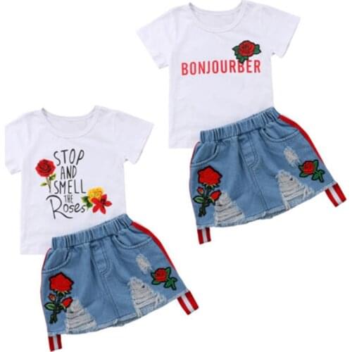 Pudcoco US Stock New Fashion 2PCS Kids Baby Girl 2-6T Clothing Set Summer Short T-shirt Tops+Denim Rip Dress Party Clothes UK