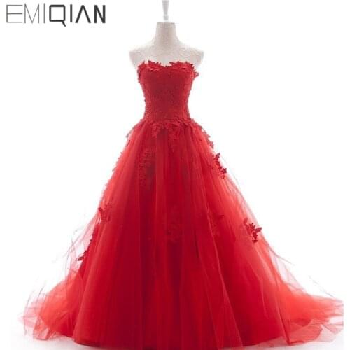 Real Photos New Fashion Strapless A-Line Sweetheart Appliqued Red Gown Evening Dress Long