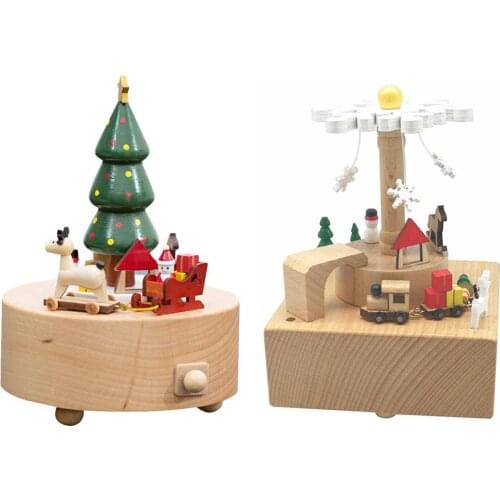 Christmas Tree Wooden Christmas Music Box Cute Beech Rotary Musical Box For Christmas Decorations For Children Gift