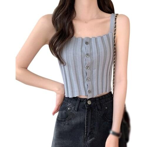 Sexy Sleeveless Spaghetti Strap Vest White Women’s Top 2021 Women Elastic Button Solid Color Casual Crop Tops Camis